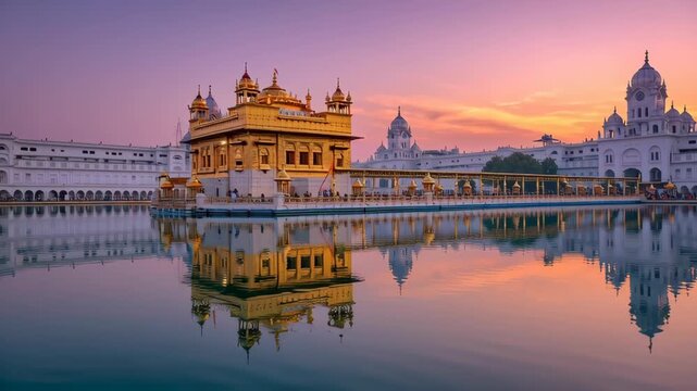 Serene View of Golden Temple at Sunrise During Baisakhi Festival with Reflective Water and Vibrant Sky