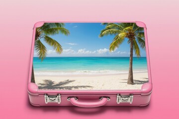 Pink travel suitcase with tropical beach and palm tree print on pastel pink background. Concept of summer vacation, creative travel and tourism. Generative AI.