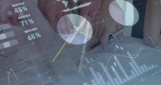 Animation of statistics and data processing over caucasian architects working