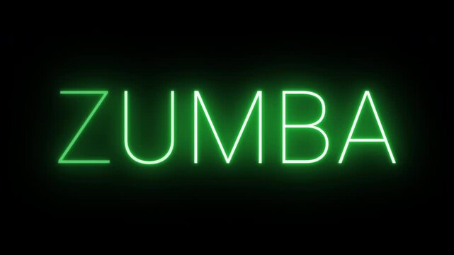 Flickering neon green glowing zumba sign animated black background.