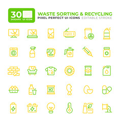 Waste management service colorful line essential ui icon set. Litter sorting facility. Garbage disposal technology. Isolated vector duotone linear symbols pack. User interface elements, pixel perfect