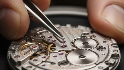 Watchmaker Repairing Movement With Tweezers