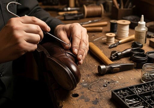 Cobbler sewing leather shoe