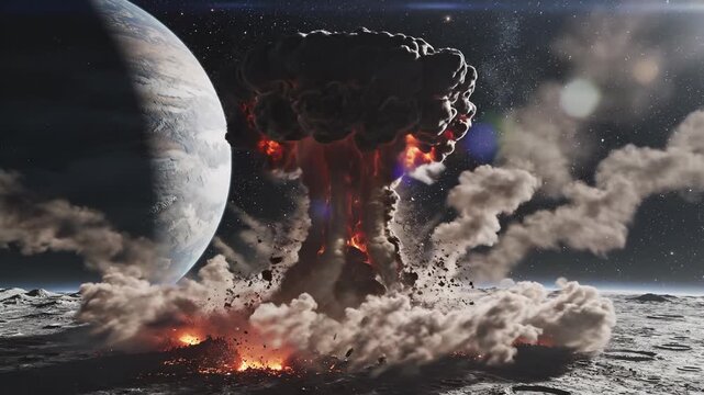 Epic explosion on moon with earth in background. Dramatic scene showcases cosmic destruction and powerful energy release. Awe-inspiring visuals captivate imagination.