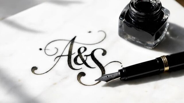 Elegant calligraphy with a fountain pen and ink on white paper in a serene environment from a close-up viewpoint