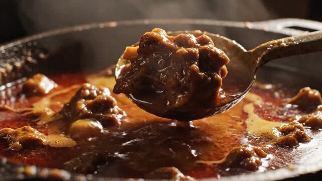 Sizzling Beef Stew in Rich Tomato Sauce with Tender Pieces.