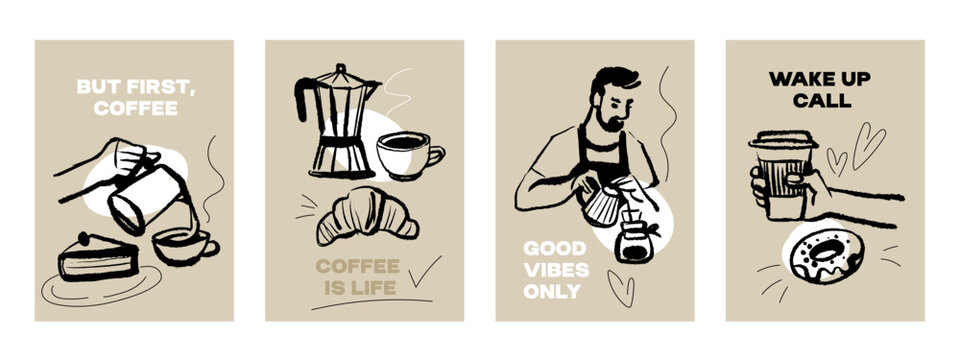 Hand drawn vintage coffee banner set. Cafe menu, poster and packaging design. Crayon doodle sketch vector illustration.