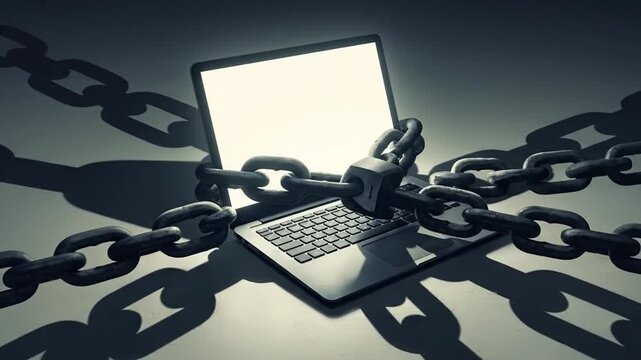 Laptop computer restrained by chains concept