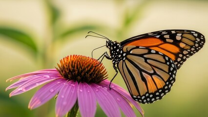 Monarch butterfly feeding on pink flower