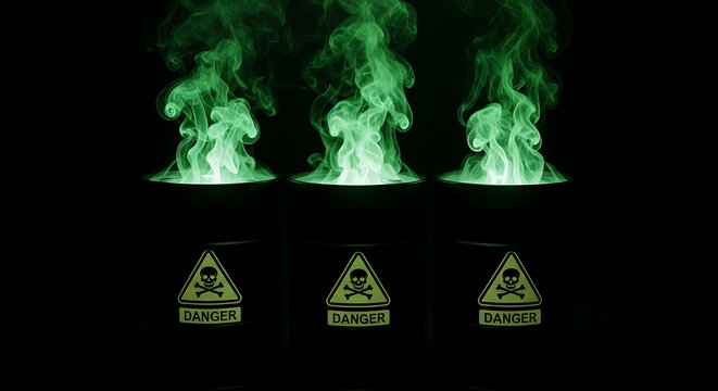 Three toxic waste barrels emitting green smoke, representing danger and environmental hazard