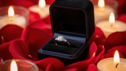 Diamond Ring Proposal Romantic Rose Petals Candles