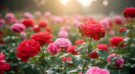 Obraz premium Vibrant roses in full bloom with lush greenery and soft sunlight