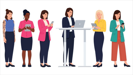 Obraz premium Diverse Women Business Professionals Using Digital Devices, Modern Office Team Illustration.eps
