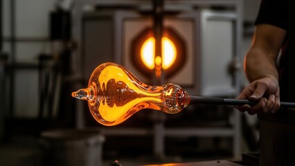 Glassblower working with molten glass in studio