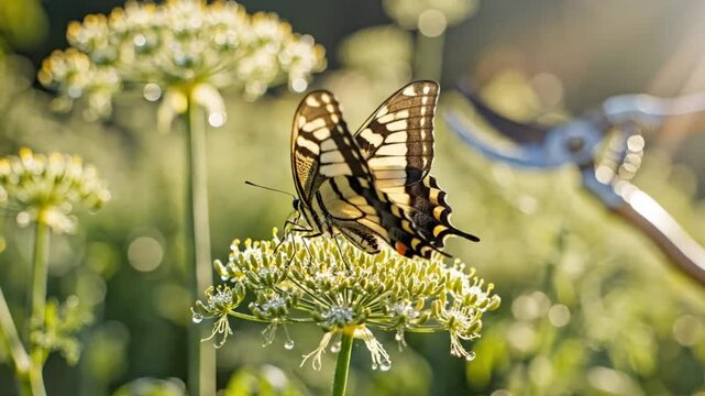 Anise swallowtail butterfly rests peacefully on a fennel flower in a sun-drenched garden