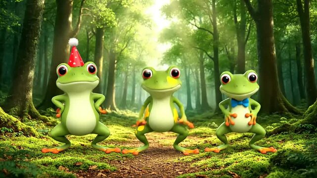 Dancing frogs in forest whimsical anthropomorphic cartoon trio celebrating, one in santa hat, other in bowtie. Funny, lighthearted, merry celebration.