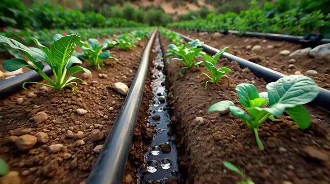 Drip irrigation system in a vegetable garden