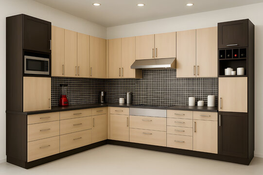 Contemporary kitchen design featuring two-tone light wood and dark cabinets, black mosaic backsplash, and modern stainless steel appliances.