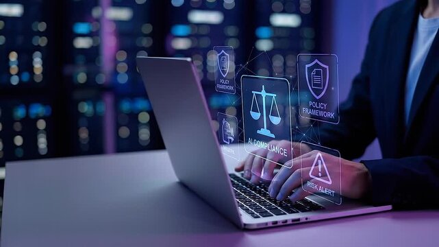 Business Professional Analyzing AI Compliance Using Digital Tools with Laptop in Modern Office
