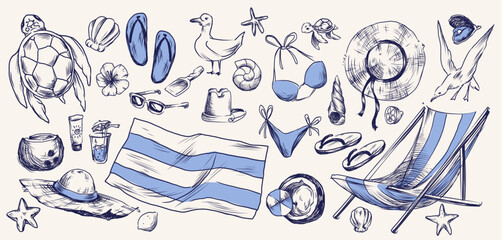 Vintage beach sketch set with coastal icons and summer sea vacation elements, isolated on white bg. Hand drawn mediterranean doodles of bikini, sunglasses, hat and striped chair, turtle and seashells © klyaksun