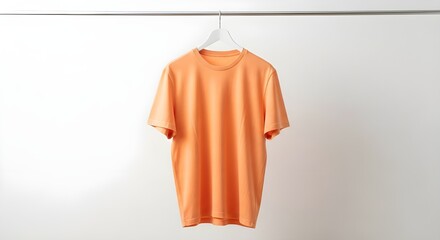 Medium shot of a light orange T-shirt hanging loosely from a minimalist white clothes hanger