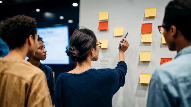 Creative business team collaborating with sticky notes during brainstorming session sharing ideas strategy and teamwork in dynamic modern office workspace