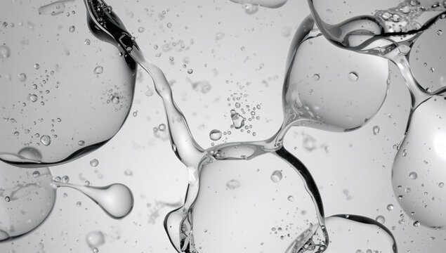 Abstract macro view of clear liquid droplets and bubbles forming organic shapes