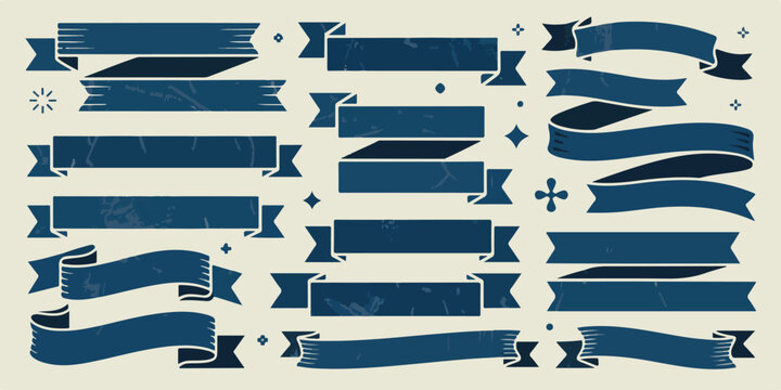Dark blue retro ribbon banners and badges, vintage grunge style, graphic design elements for banners