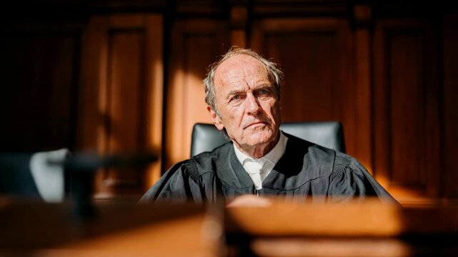 Elderly judge seated in courtroom conveying wisdom authority legal experience and dedication to justice within judicial system