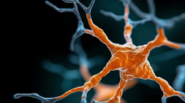Orange neuron nerve cell closeup biological structure science medical microscopic detailed glowing 3D illustration of dendrite axon synapse brain