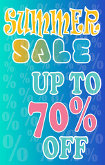 Summer sale poster, up to 70% off, colorful background.