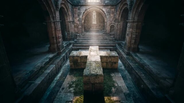 Ancient stone crypt with long corridor and soft light creating dramatic atmosphere of history mystery silence and sacred architectural heritage underground