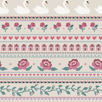 Seamless Folk Art Cross Stitch Pattern with Swans & Flowers
