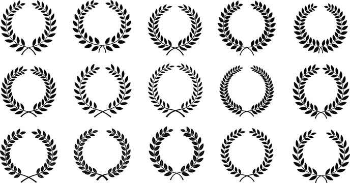 Set of Black Laurel Wreaths and Circular Leafy Frames on White Background Keywords: laurel wreath, frame, circular, leaves