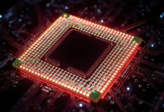 Next Gen CPU. Microarchitecture. RISC-V. Nanotechnology. Chiplet design. ARM processors. A vibrant close-up of a microchip with glowing lights