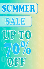 Summer sale poster, up to 70% off, colorful background.