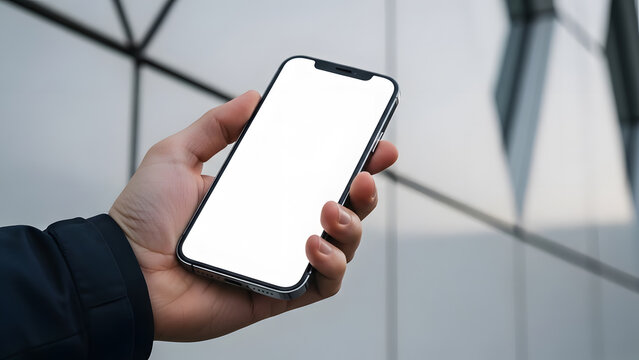 Man holding a black smartphone with blank white screen outdoors against a modern building