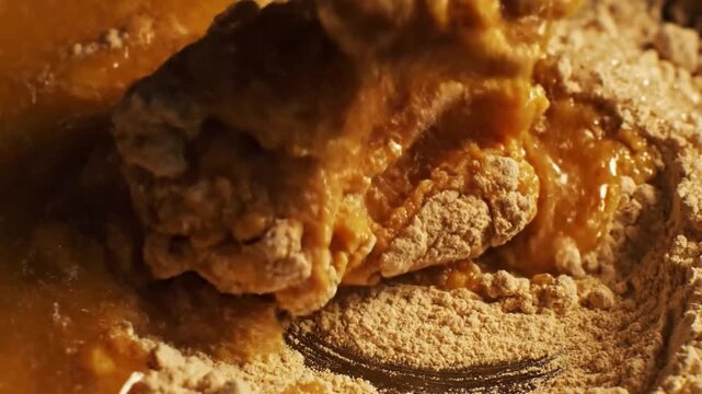 Melted caramel oozes from crumbly crust dessert close up.