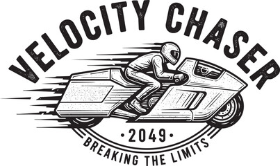 Obraz premium Futuristic motorcyclist riding at high speed on a sleek motorcycle, viewed from behind in a dynamic illustration.