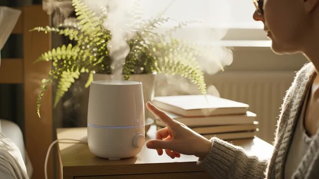 Woman turns on humidifier releasing steam near fern plant at home desk. Person adjusts humidifier producing mist. Woman operates diffuser with steam. Humidifier releases vapor near plant and books.