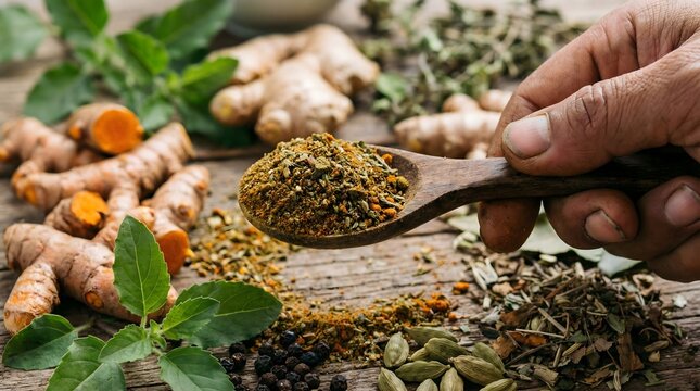 A human hand holds a wooden spoon filled with finely ground herbal powder, positioned above a rustic wooden surface covered with fresh turmeric roots and various medicinal herbs.