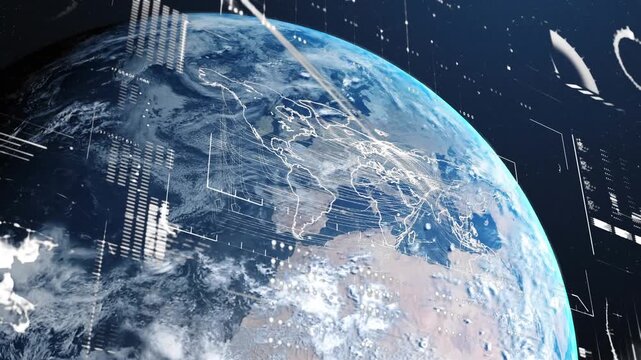 Animation of infographic interface over rotating globe against abstract background