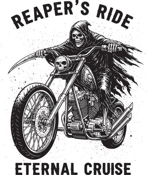 Grim Reaper Riding Motorcycle on Open Road with Eternal Cruise Typography and Scythe