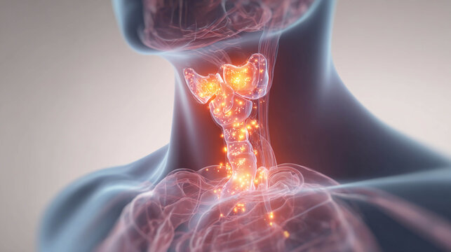 A human neck with the thyroid and parathyroid glands, as well as the lymph nodes, highlighted in orange. The concept of the endocrine system, hormonal disorders, and inflammation.