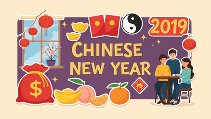 Festive Chinese New Year scene with lanterns, gifts, fruit, and family