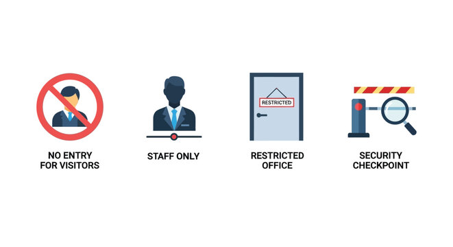 Security and access control icons showing no entry for visitors, staff only area, restricted office and checkpoint concept
