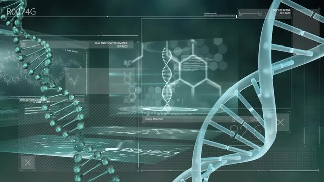 Animation of dna strand spinning and data processing over model of lorry model