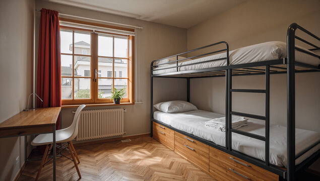 Cozy bunk bed room with desk and window view, perfect for hostels and shared living spaces