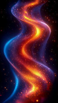 Abstract swirling wave of vibrant cosmic dust and light, transitioning from deep blues to fiery oranges and yellows, creating luminous nebula effect with scattered glowing particles against dark starr