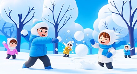 Fototapeta premium Children playing in the snow and throwing snowballs in winter 